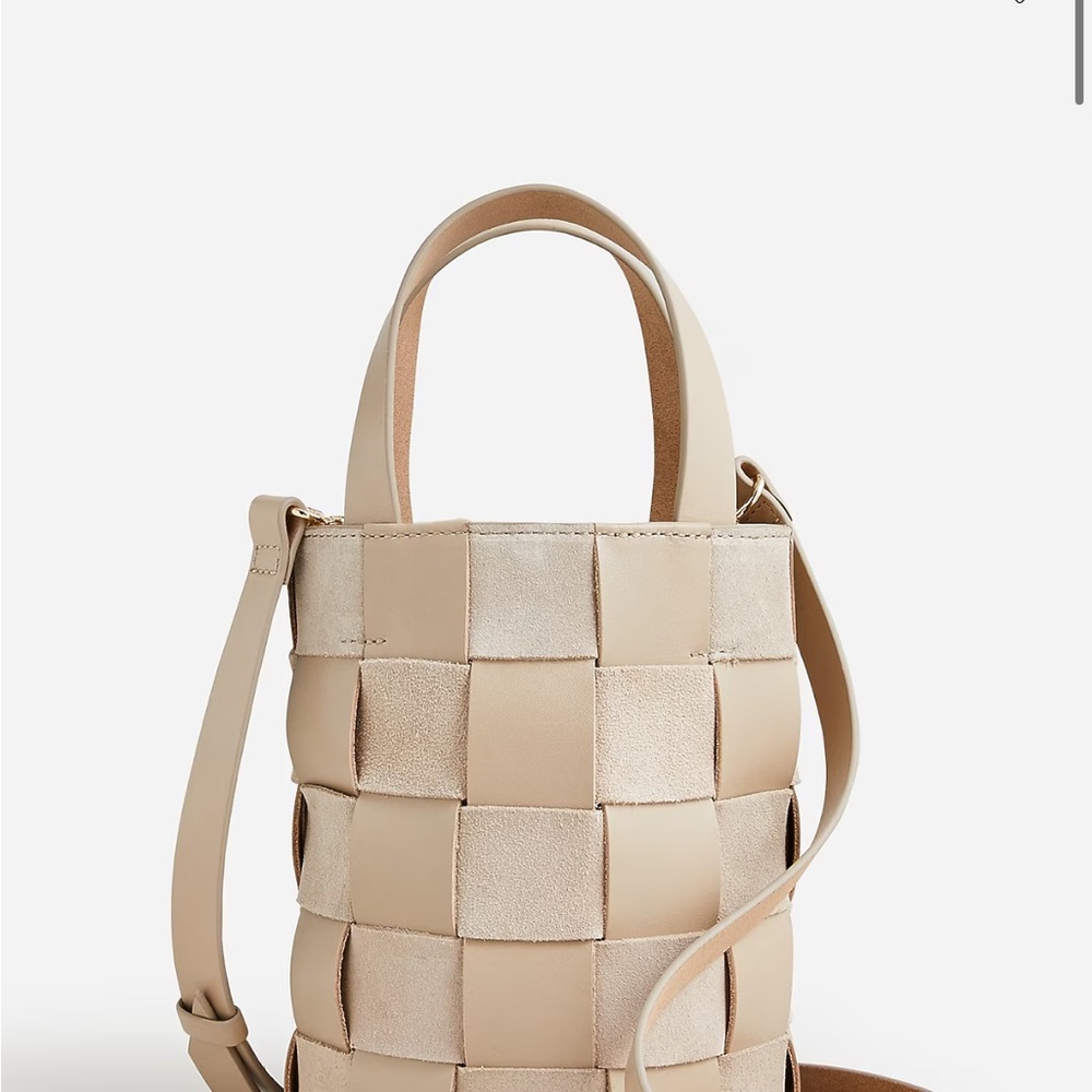 J. Crew beige woven bucket bag in leather and suede